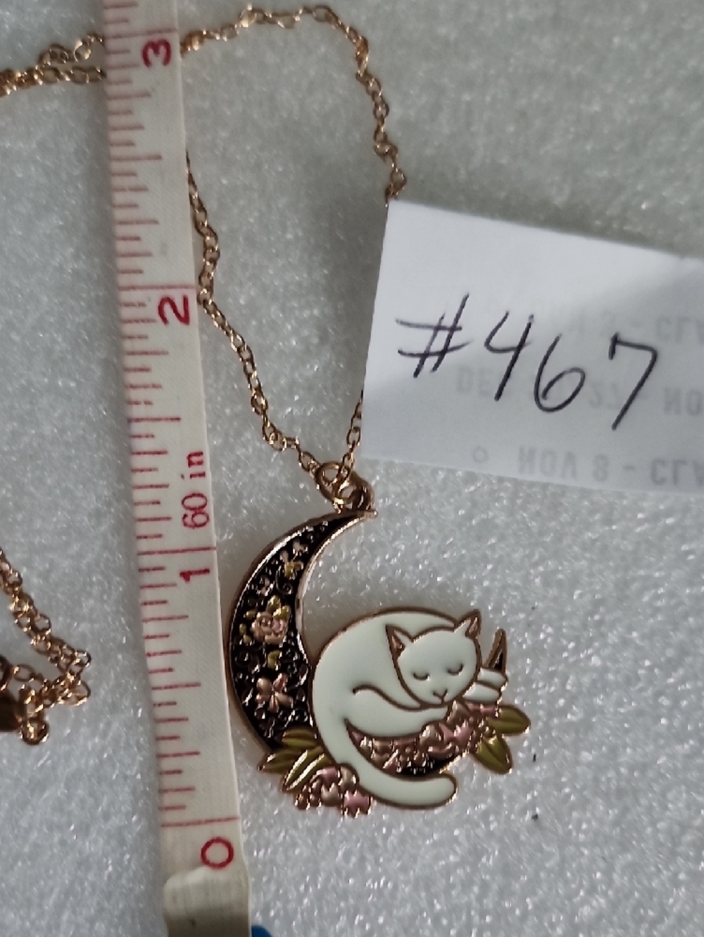 Hand Crafted Gold-Tone Crescent Moon Necklace with White Cat and Pink Flowers - Picture 2 of 7